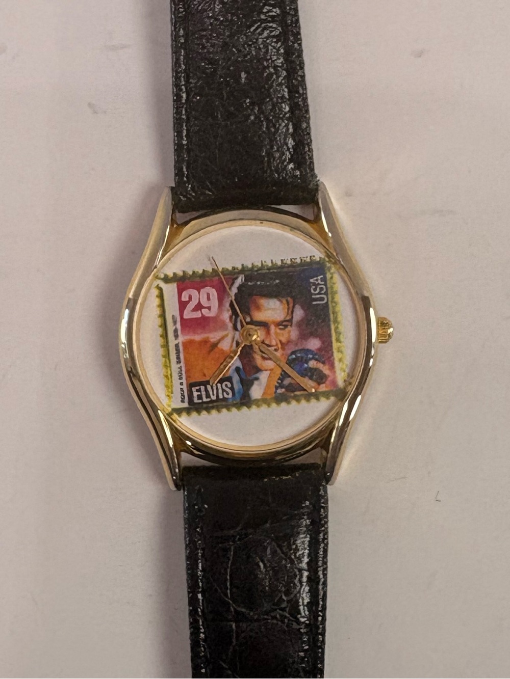 ⌚ Vintage Quemex Elvis Presley Stamp Dial Wrist Watch – Black Leather Band